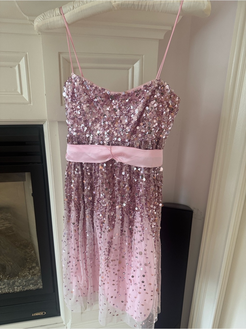 Aqua Light Pink Sequin Tulle Dress with Satin Waist Tie